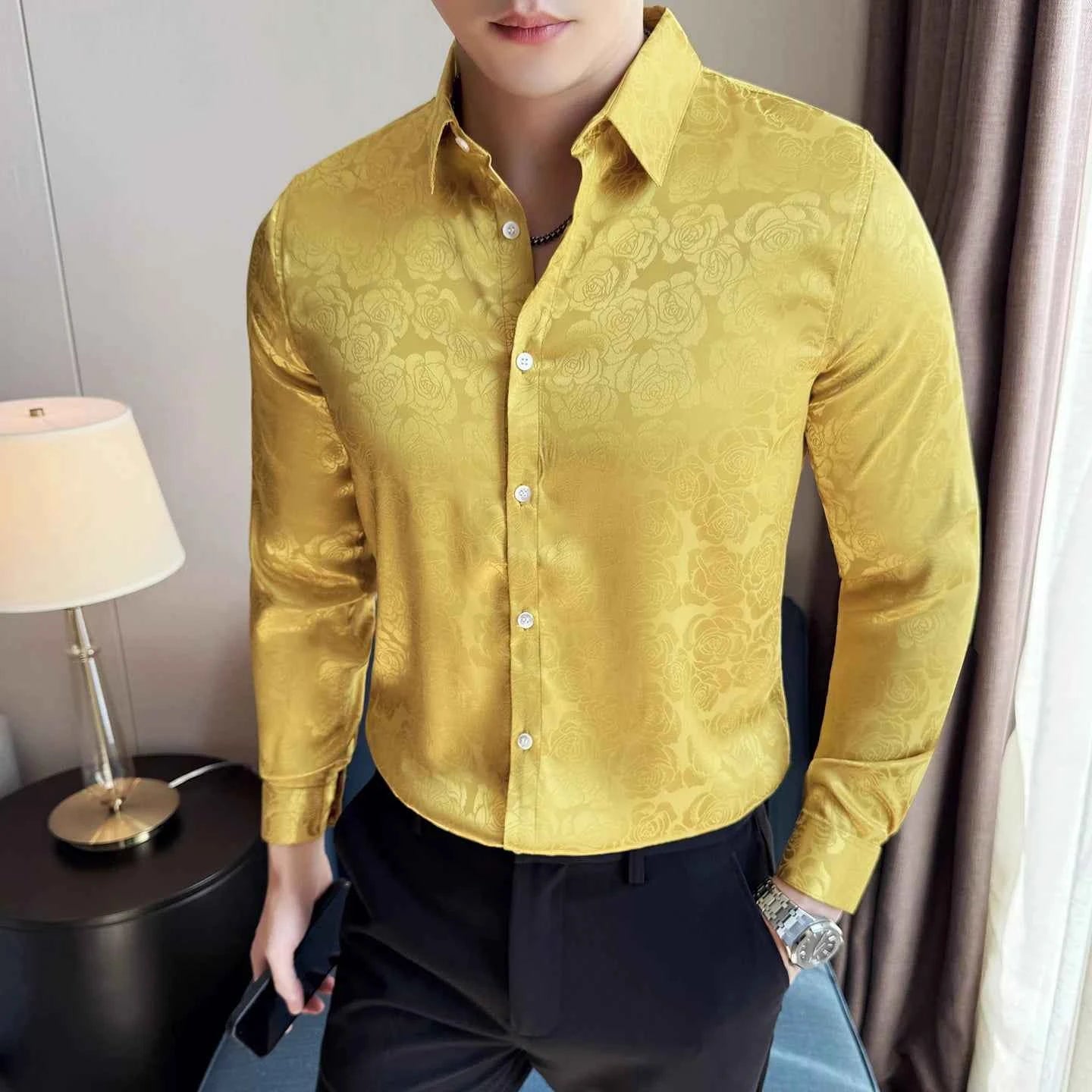 Men's Social Shirt New Rose Printed Long Sleeve Shirt Luxury Fashion Business Slim Fit Formal Shirt Men's Clothing 4XL-M