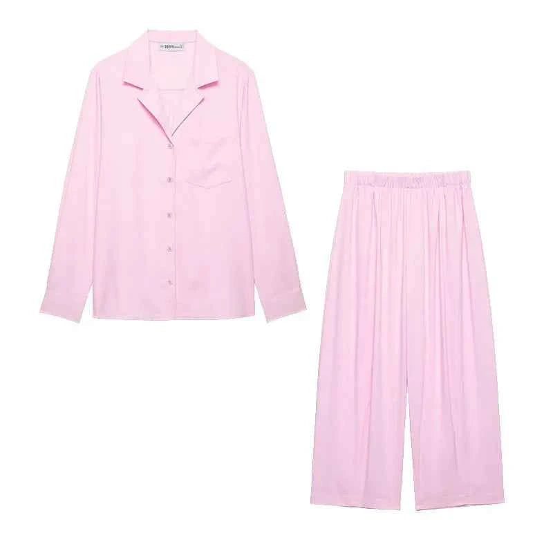 Women's Mid Waist Pants Set Spring 2 Piece Set Lapel Collar Shirt Pocket Elastic Waist Barrel Trousers Two Piece Female Outfits