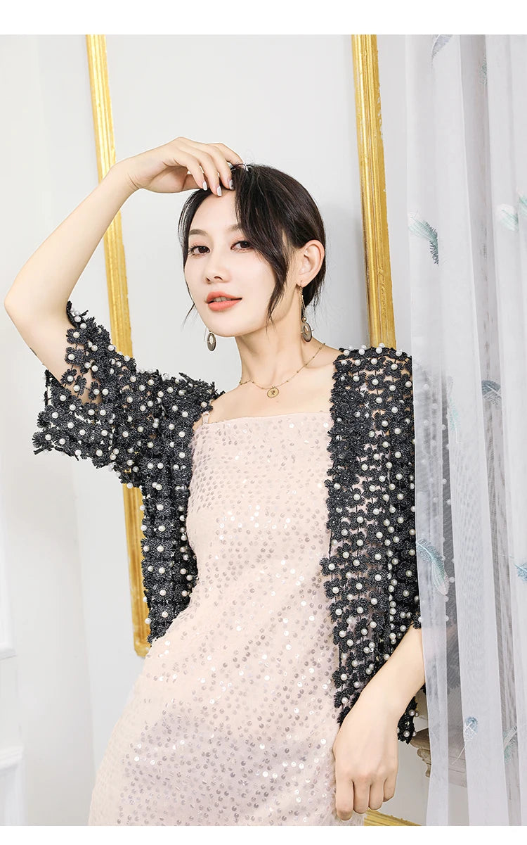 Women Beads Coat 2025 Summer Style Women Perspective Shawl Fashion Hollow Out Lace Boleros Short Sleeve Coats Jackets Femal