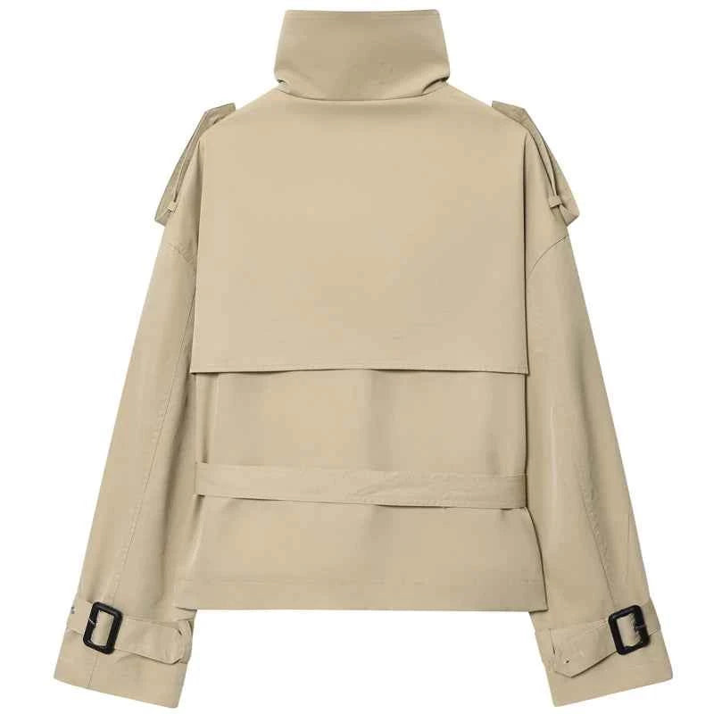 HXAO Crop Khaki Windbreaker Women's Jacket Autumn Fashion Stand Collar Long Sleeve Trench Coat Double-Breasted Belt Outerwears
