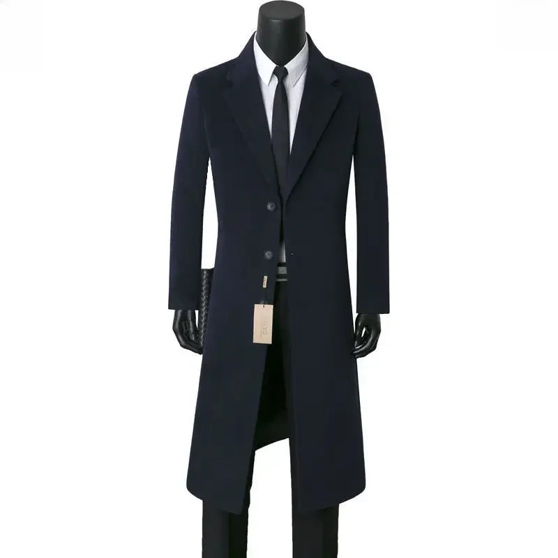 Sobretudo de lã masculino para outono e inverno, comprimento médio, casual, corta-vento quente, jaqueta com gola para pai