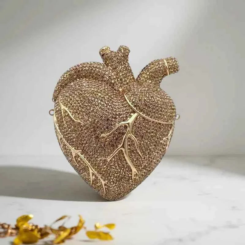 XIYUAN Red Heart Shaped Rhinestone Evening Bag Women Luxury Unique Wedding Party Dress Handbags Gold Crystal Bridal Clutch Purse