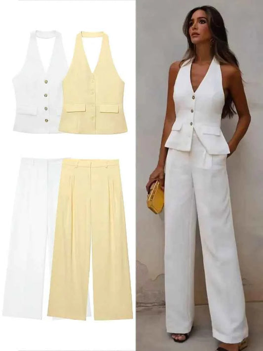 HH Pant Sets For Women Fashion Yellow Backless Button Halter Crop Vest Top Straight Trousers Elegant Office Lady Suit