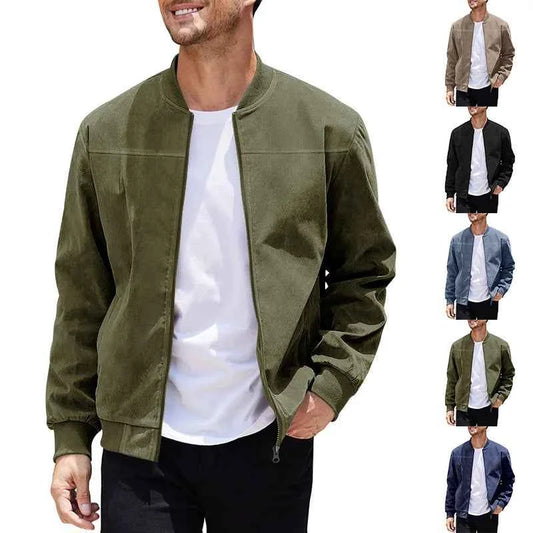 Men's Business Casual Suede Jacket Zipper Collar Warm Sporty Outerwear Polyester Fabric Long Sleeve round Hem Knitted Sleeve