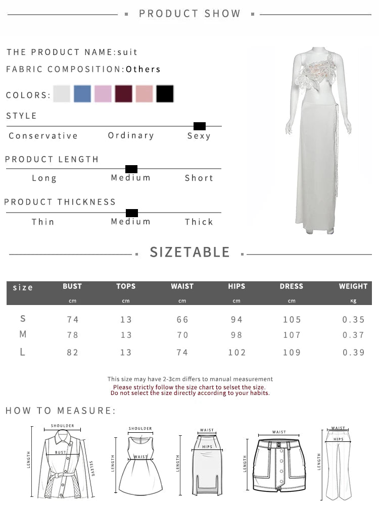 Weird Puss Sequin Flowers 2Piece Set Women Sexy Beach Vacation y2k Chic Skew Collar Tank Tops+Bandage Maxi Split Skirts Clubwear