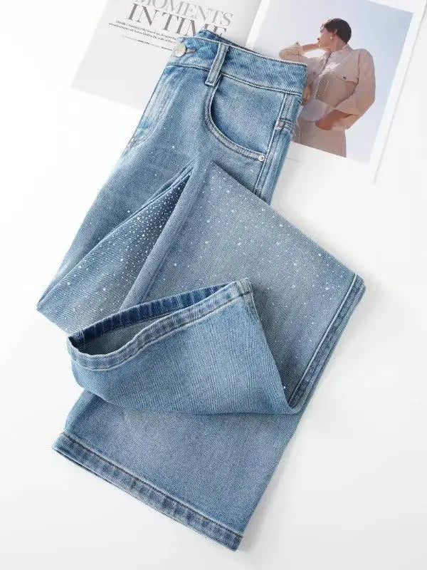 High Waist Wide Leg Denim Jeans Women's Spring 2026 New Style Glittering Star Explosion Nine Point Straight Cut Diamond Embel...