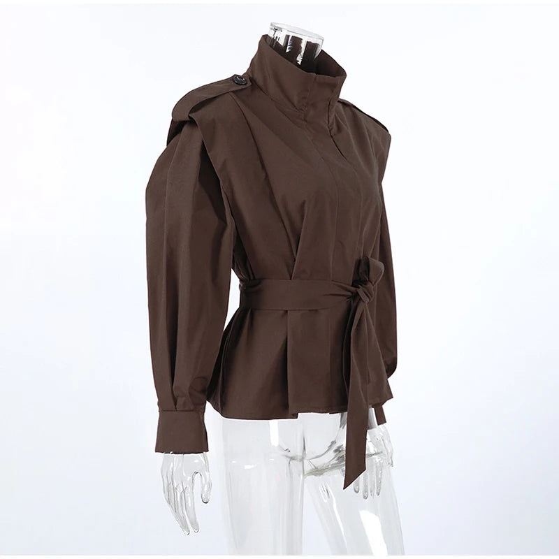 Fashion Stand Collar Belted Waist Short Jacket For Women Casual Puff Sleeve Wide Shoulder Coat Lady 2026 Chic Street Outerwear