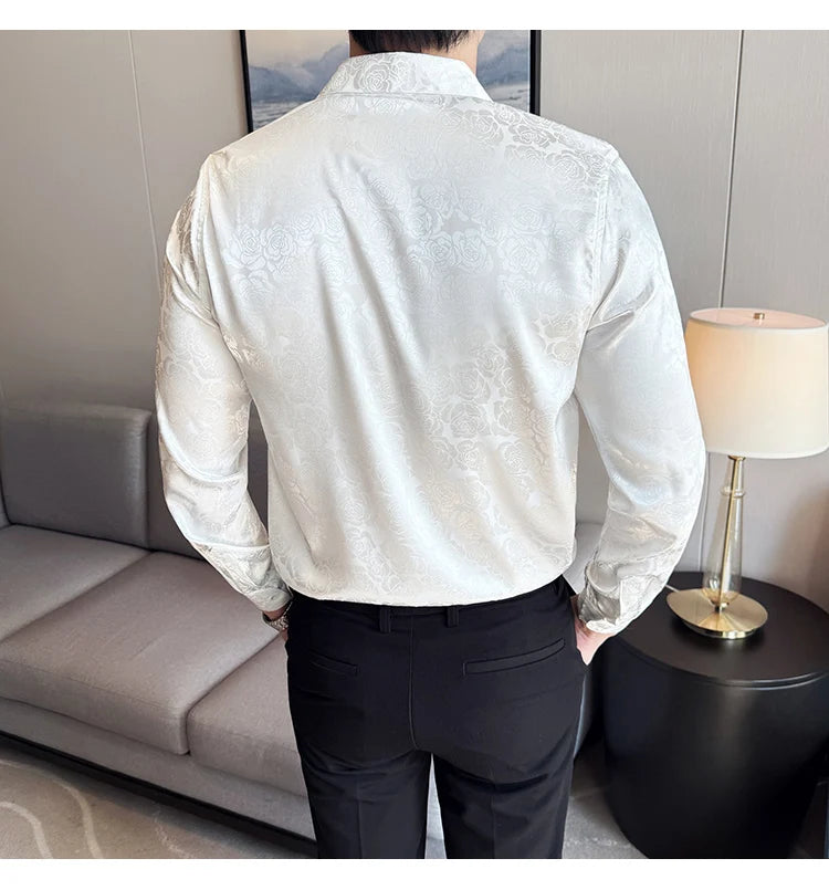 Men's Social Shirt New Rose Printed Long Sleeve Shirt Luxury Fashion Business Slim Fit Formal Shirt Men's Clothing 4XL-M