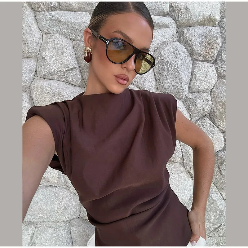 Vestido longo elegante com decote redondo e manga curta, moda feminina, liso, plissado, gaze, patchwork, 2025, novo, para escritório