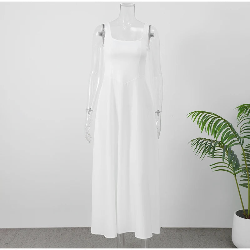 Vestido elegante branco de cintura alta feminino, moda verão, gola quadrada, sem mangas, linha A, 2025, nova vocação, festa na praia, moda urbana
