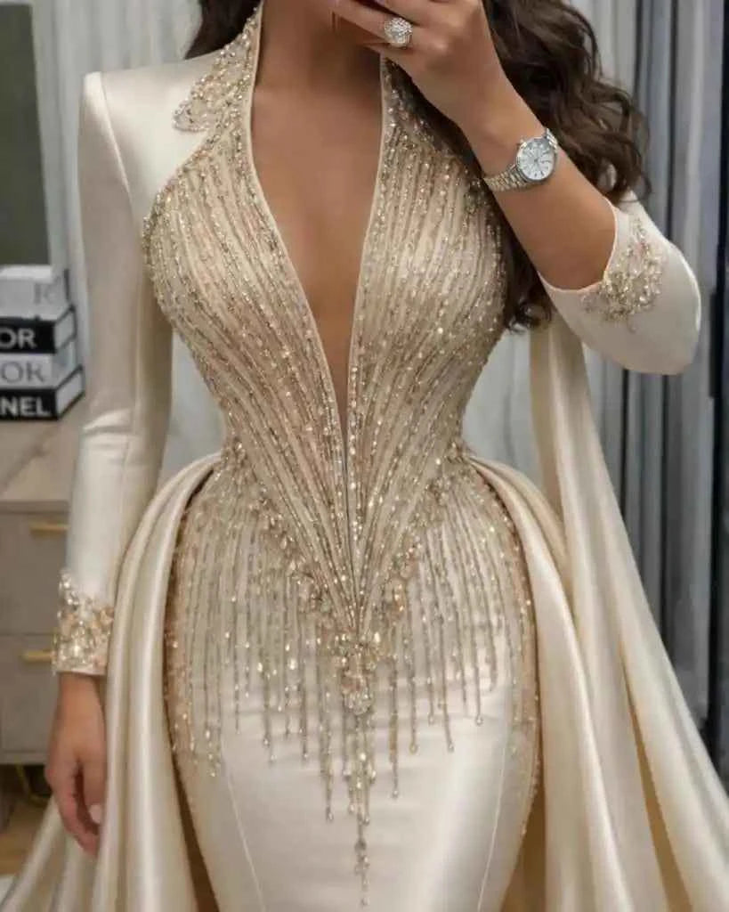 Simple Mermaid Wedding Dress V Neck Beaded Sequins Bride Gowns Elegant Long Sleeve Floor Length Bridal Dresses Customized
