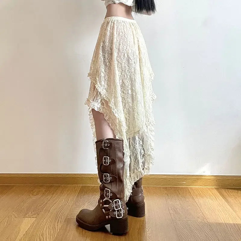 Saia assimétrica de renda Fairycore feminina vintage Y2K Boho estética moda cintura alta saias médias femininas roupas de férias
