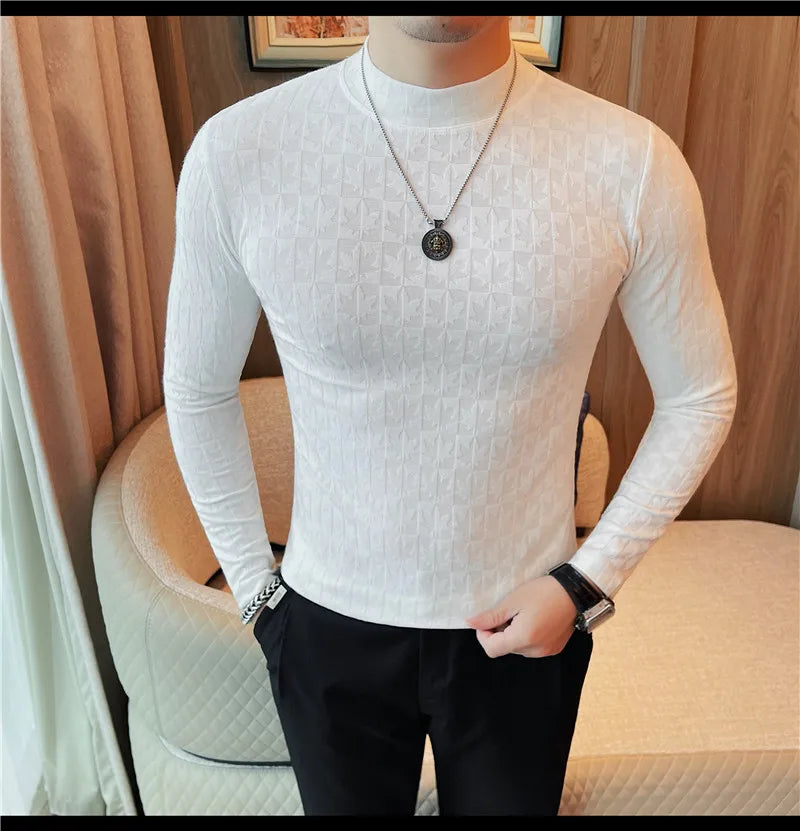 Camiseta elástica estampada de gola alta semi alta para homens, roupas de outono, nova, mangas compridas, jacquard, justa, cor sólida, camiseta slim fit