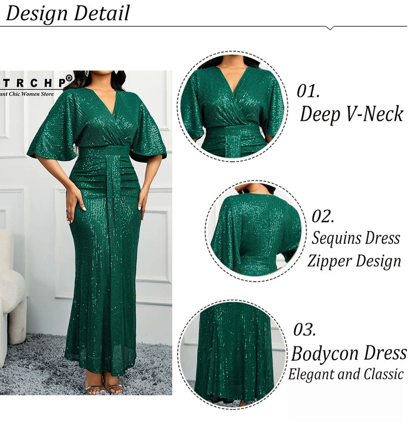 VITRCHP Batwing Sleeved Evening Dresses 2025 Mermaid Sexy V Neck Gown Prom Glitter Elegant Short Sleeves Long Party Dress