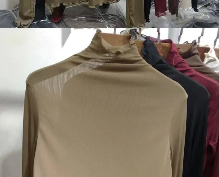 Women's Long Sleeve T-Shirt Lace  Mesh Base Shirt High Collar Pure Color Spring Autumn Fashion Breathable Comfortable Ski...