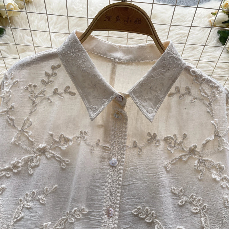 Camisa solta bordada SINGREINY feminina elegante retrô com lapela sólida manga comprida blusa feminina de alta qualidade moda verão