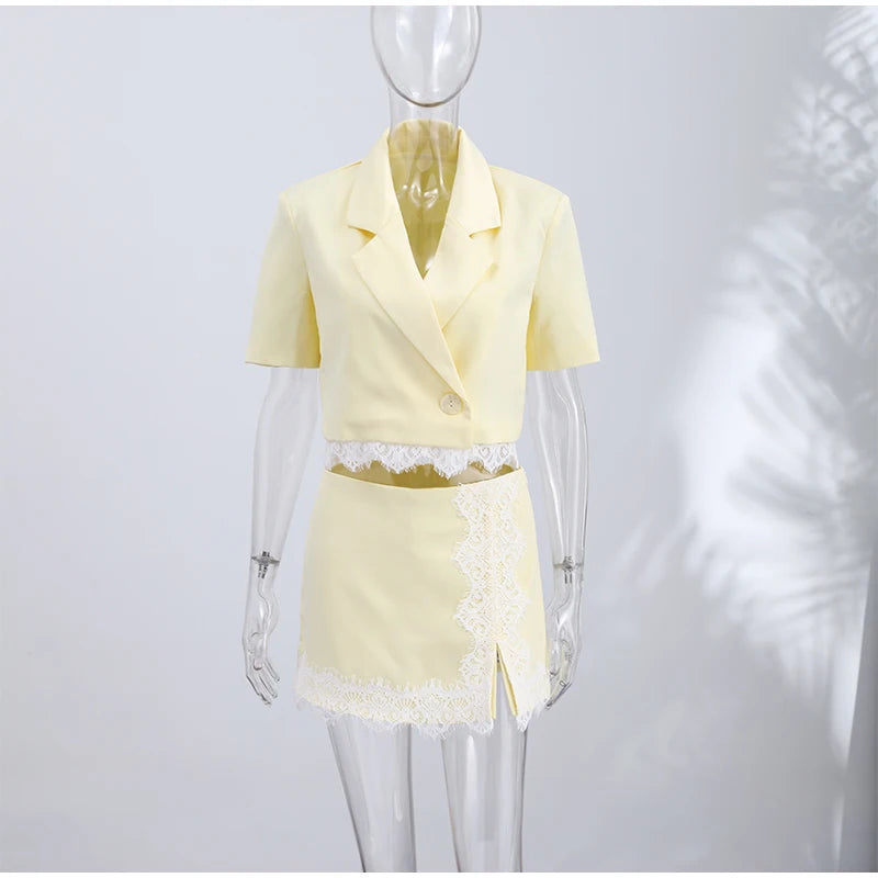 Fashion Lace Insert Two-Piece Suit Women Lapel Short Sleeve Cropped Blazer Mini Culottes 2026 Summer New Lady Office Party Wear