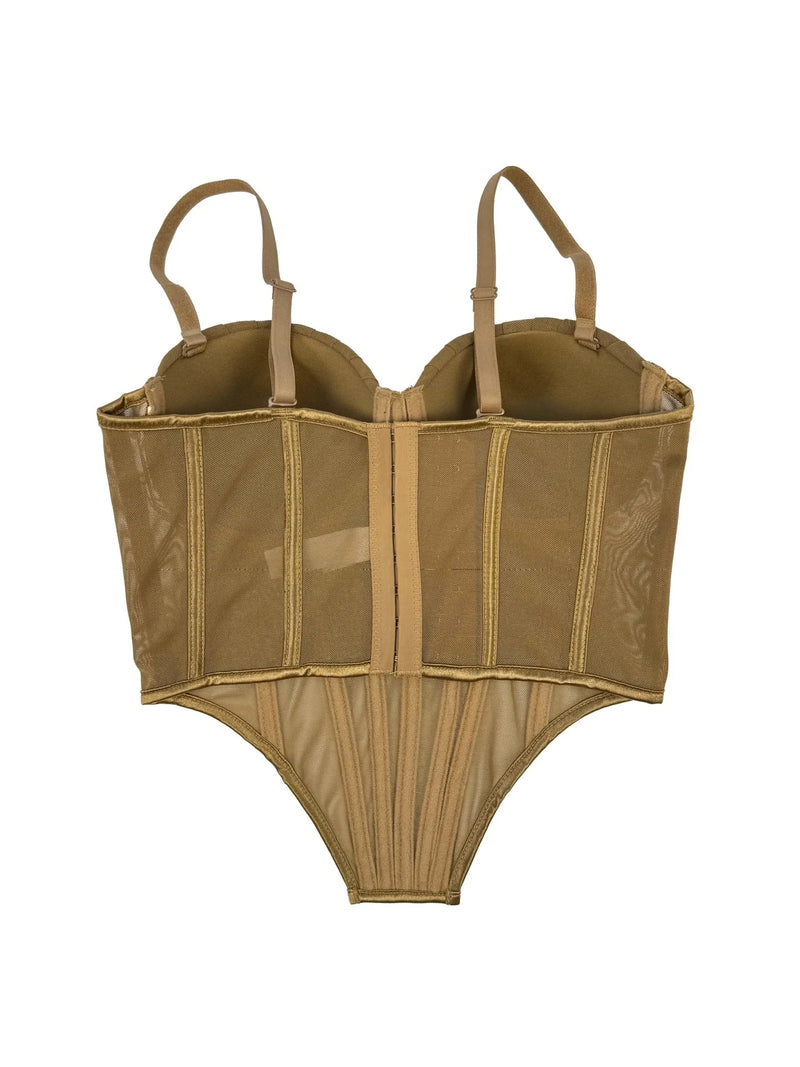 Corpete transparente de malha feminino, faixa espinha de peixe na cintura, corpete bustiê, tops sensuais