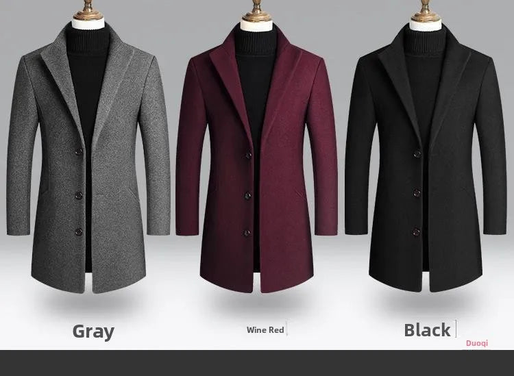 Men's Woolen Coat Autumn Winter Long Style Slim Fit Fashionable Outerwear Rabbit Fur 100% Versatile for All Seasons