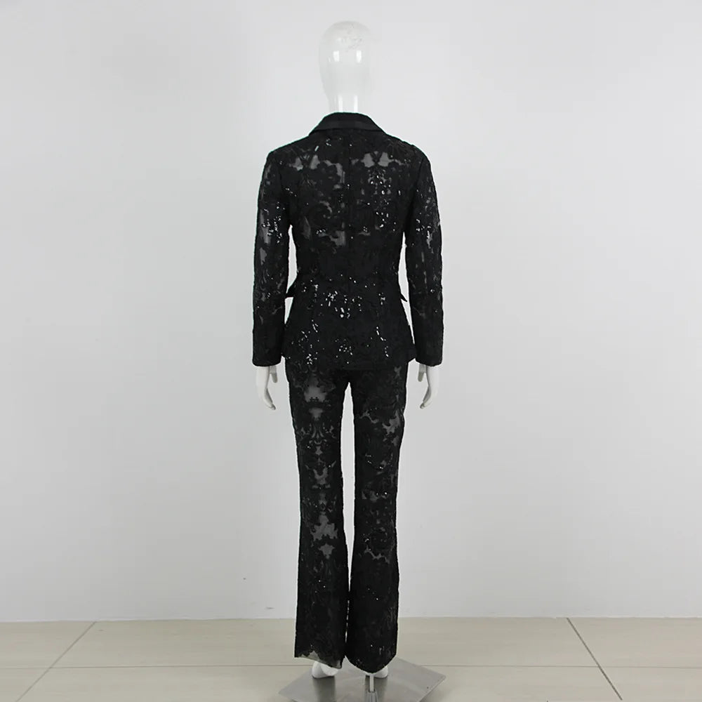 HIGH STREET Newest 2026 Designer Runway Suit Set Women's Single Button Guipure Lace Blazer  Flare Pants Set