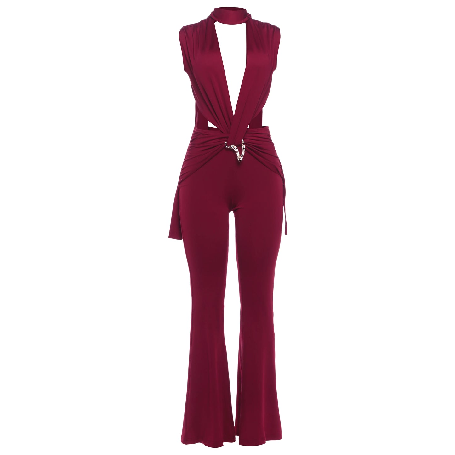 Kliou Sexy Fashion Jumpsuits Woman Deep V-Neck Sleeveless Metal Buckle Ruched Cross Bandage Midnight Prom Party Elegant Overalls