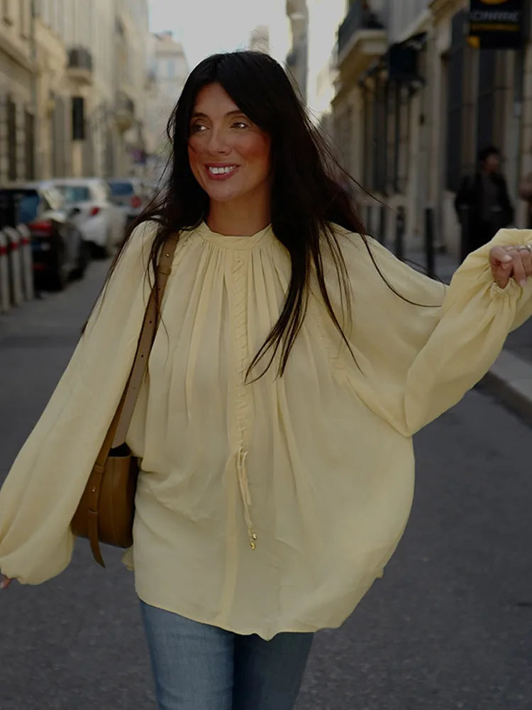Blusa de chiffon com babados e manga comprida, blusa feminina casual solta, gola V, manga comprida, blusa de rua, primavera/verão 2025