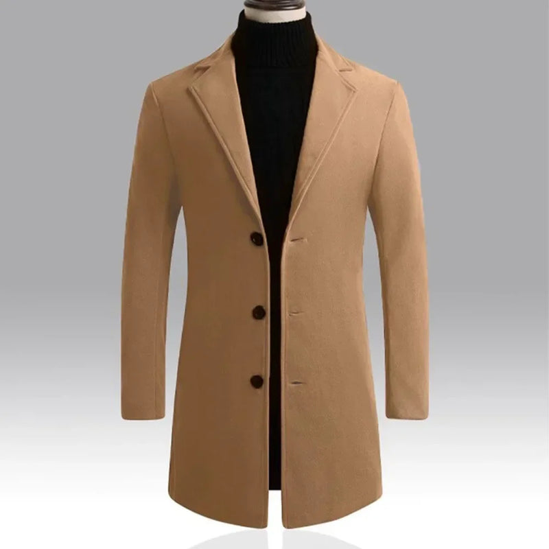 Casaco masculino de abotoamento simples, corte slim, corta-vento com cinto, jaqueta longa, casual, liso, à prova de vento, sobretudo masculino