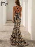 Missord Black Gold Sequin Maxi Evening Dress Elegant Women Spaghetti Strap V Neck Side Split Mermaid Party Prom Dresses Gown