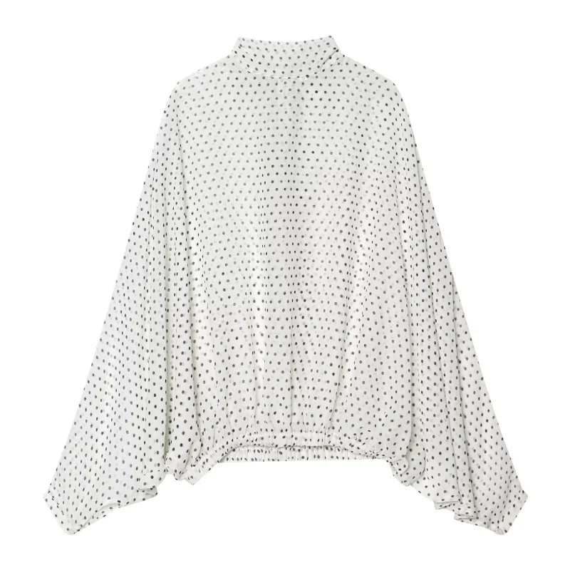 ETJ Women's Polka Dot Blouse Skirt Set 2026 Spring High Neck Batwing Sleeve Sheer Front Tie Bow Midi A-Line Dress Set