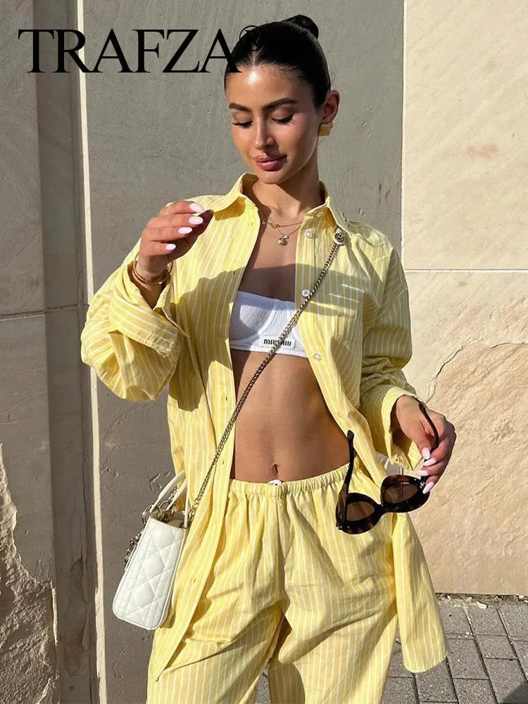 TRAFZA Blusa Listrada Amarela Feminina Calça Terno Camisa Solta Manga Longa Calças com Cordão