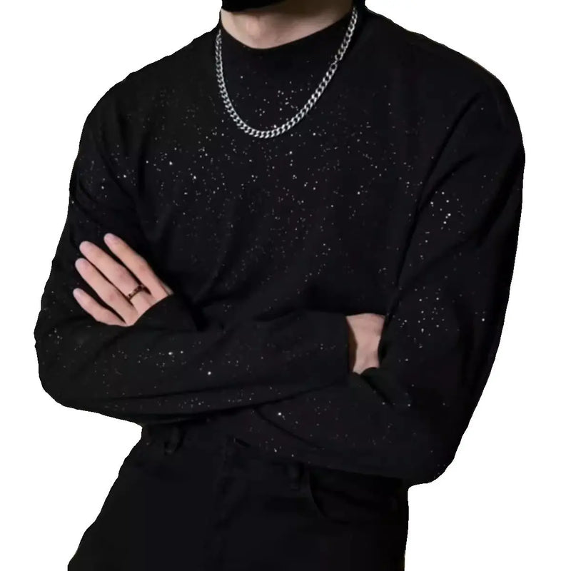 Camiseta masculina manga comprida design completo de lantejoulas  moda casual camisa base versátil elástica moda