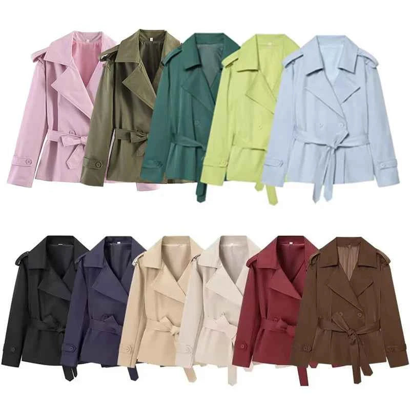 Women's Coat 2026 Spring New Style Solid Color Long Sleeve Belted Short Trench Coat European and American Personalized Fashion