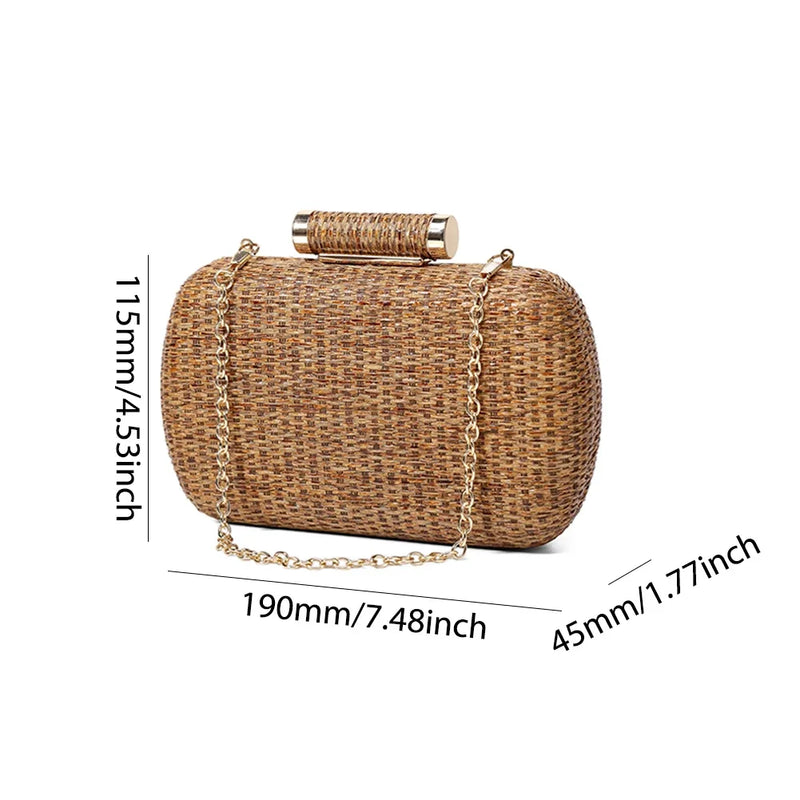 Women Hand-Woved Evening Bag with Chain Strap Straw Beach Handbag Versatile Weaving Satchel Bag Ladies Summer Daily Bag