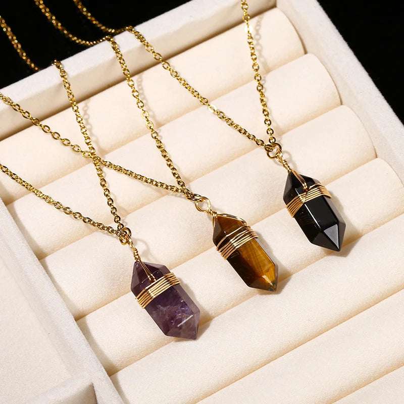 Change Better Natural Pink Quartz Amethyst Hexagon Column Pendant Necklace Women Men Handmade Stainless Steel Chain Choker Gift