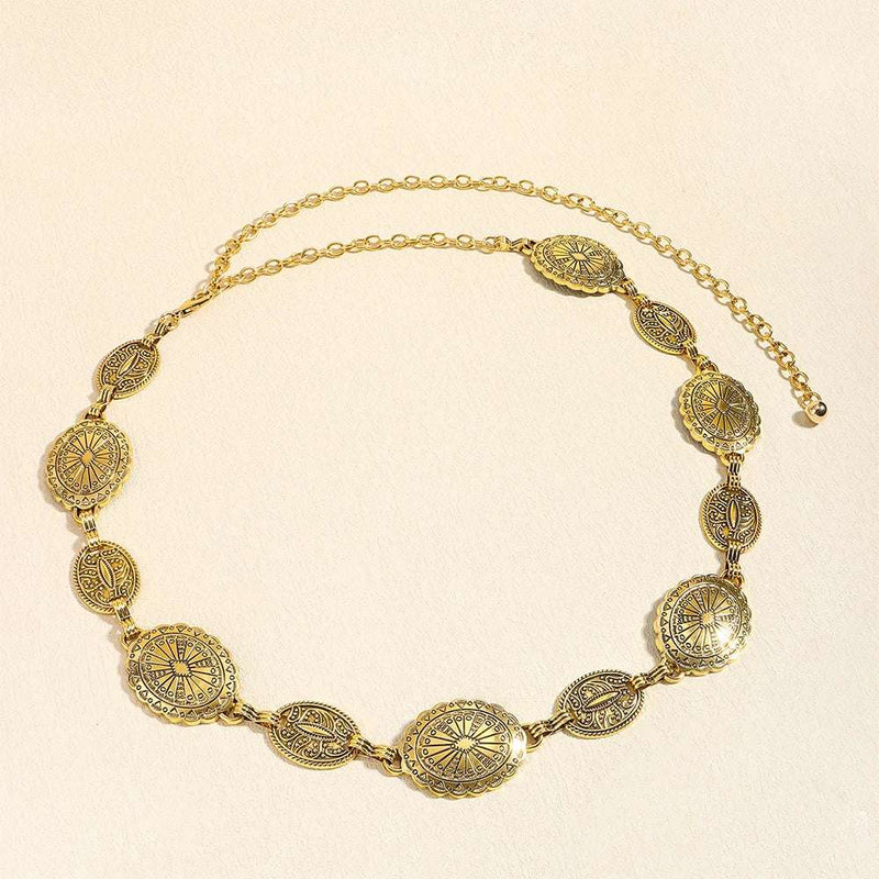 Retro style women's metal waist chain accessories Decorative circle carved chain belt high style accessories