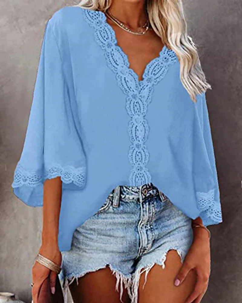 Blusa feminina de chiffon com costura de renda, decote em V, manga flare, blusa solta de verão, moda simples