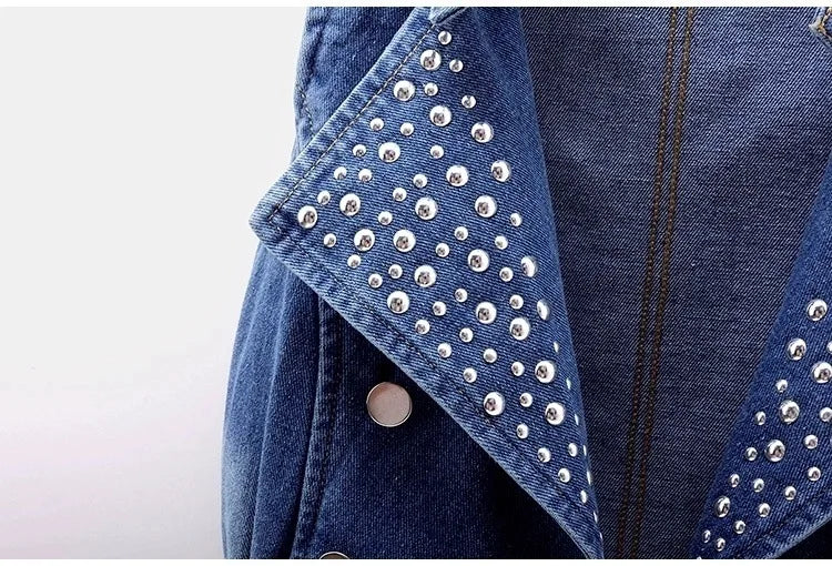 HLJ&GG Blue Fashion Denim Rivet Double-breasted Sleeveless Coats Women Lapel Slim Cowboy Vest Autumn New Tops Streetwear 2025