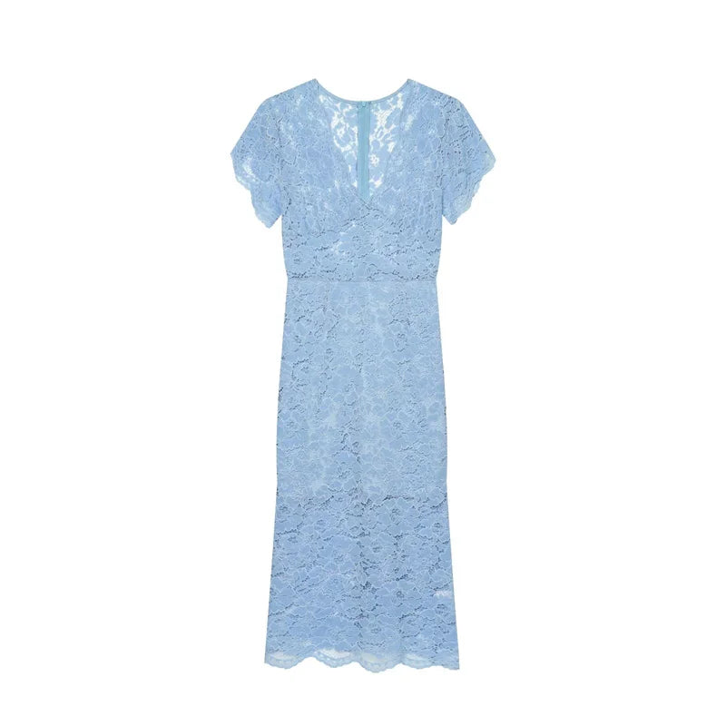 Women's Dress 2026 Summer New Solid Color Short Sleeve V-neck Lace Waistband Long Dress Elegant and Stylish Fashionable