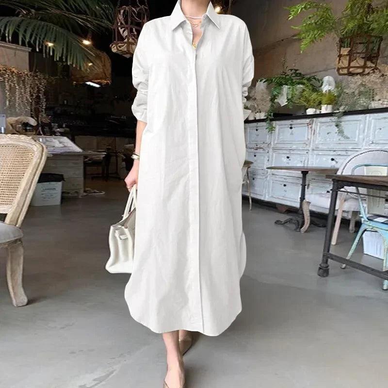 Women's Fashion Lapel Long Sleeved Loose Fitting Dress with Solid Color Buttons Large Casual Turn-down Collar Long Dress - CRAVO ROSE