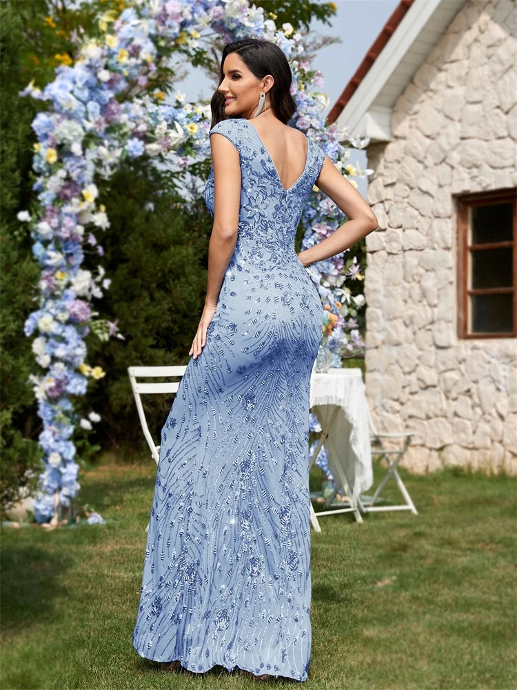 BLUEPLUM New Elegant Green SequinS Evening Dress Women Long Luxury Mermaid Formal Deep V-neck Prom Luxury Wedding Party Gowns