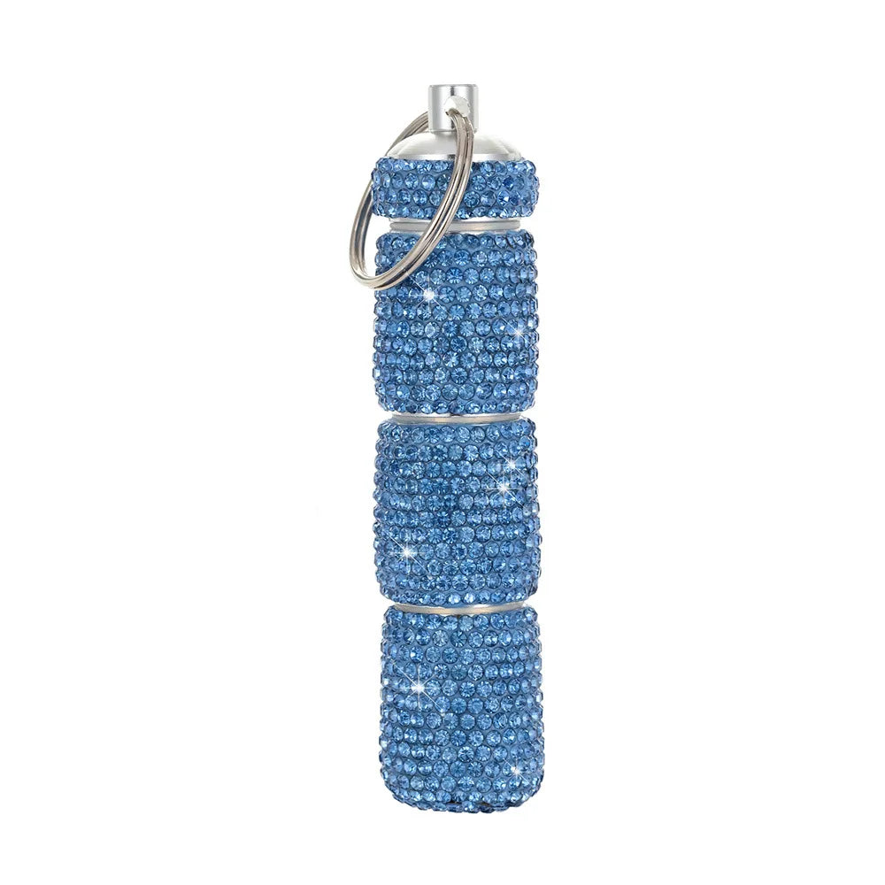 Porta-comprimidos portátil com strass (estilo "bling"), à prova d'água, pequeno e com chaveiro — Estojo fofo para guardar medicamentos.