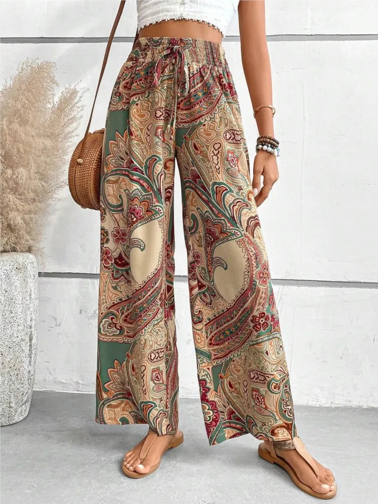 Calças de cintura alta com estampa da moda, pernas largas, primavera-verão, roupas femininas, calças casuais soltas, faixas elásticas, estilo boho, calças de praia