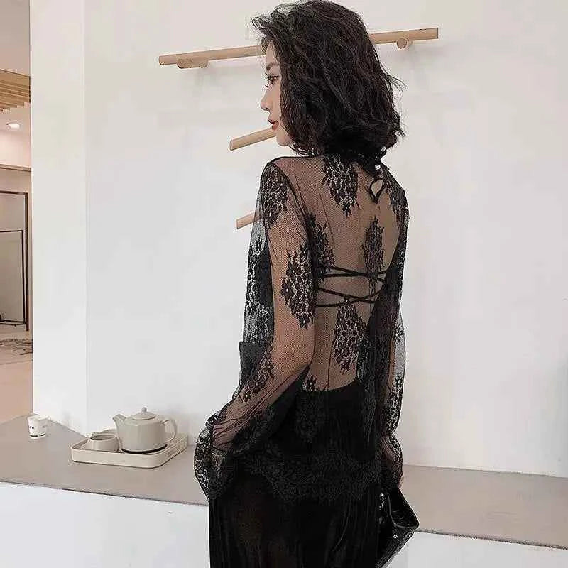 Sexy Lace Base Shirt Women's Mesh Inner Top Half High Collar Knitted Sweater Layerable Floral Lace Trim See through Design