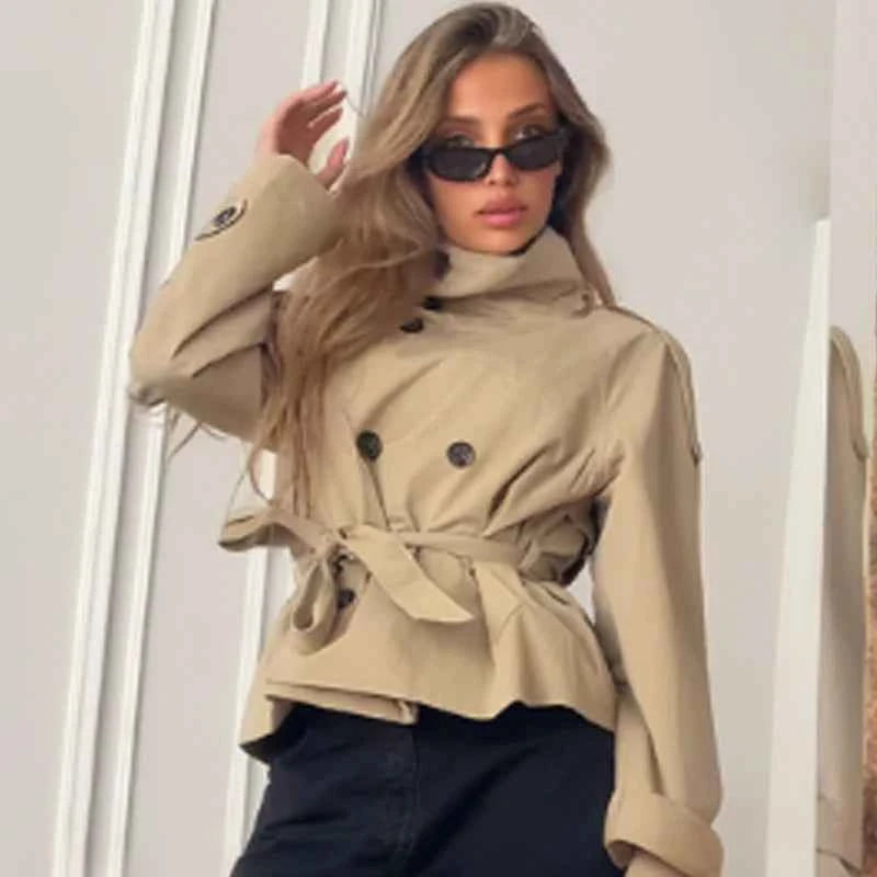 HXAO Crop Khaki Windbreaker Women's Jacket Autumn Fashion Stand Collar Long Sleeve Trench Coat Double-Breasted Belt Outerwears