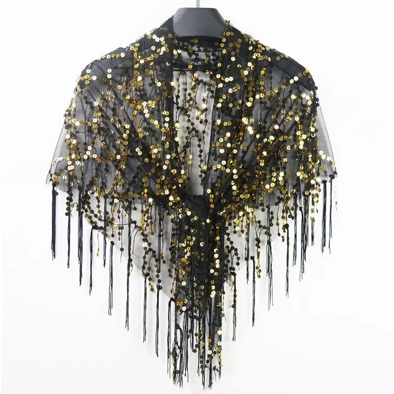 Summer Sequins Tassels Poncho Women Coat Party Outfits Cape Mesh Jacket Ladies Cloak Shawls Casaco Outerwear Wraps Woman Clothes