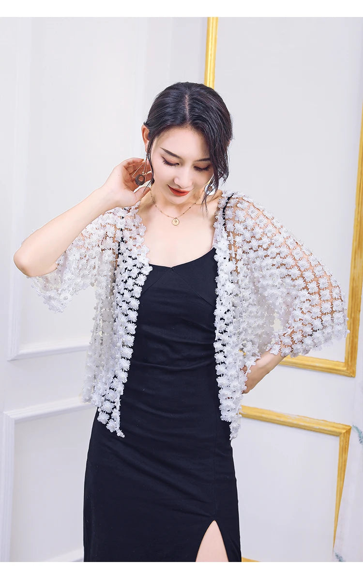 Women Beads Coat 2025 Summer Style Women Perspective Shawl Fashion Hollow Out Lace Boleros Short Sleeve Coats Jackets Femal
