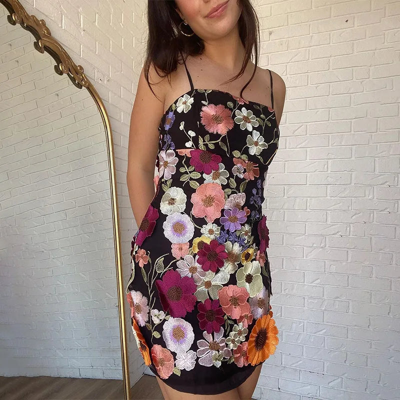 Elegant Temperament, lady Flower Mesh Splicing, Heavy-duty Embroidery, Suspender Dress,woman  Short Skirt, Lace,girl Slimming