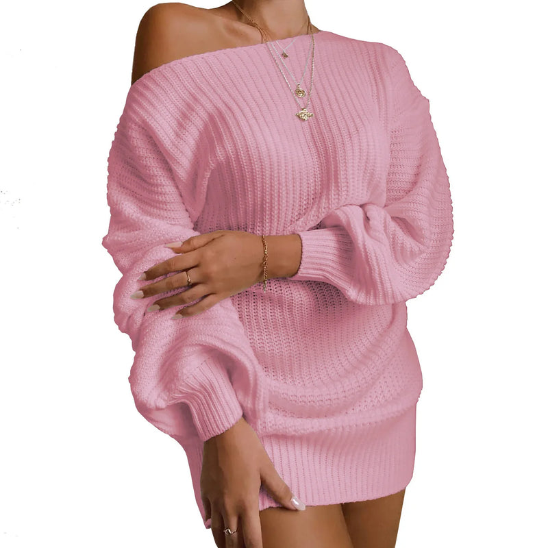 Womens Dresses Spring Fashion Cold Shoulder Lantern Sleeve Casual Plain Long Sleeve Daily Mini Knit Sweater Dress Woman Clothing - CRAVO ROSE