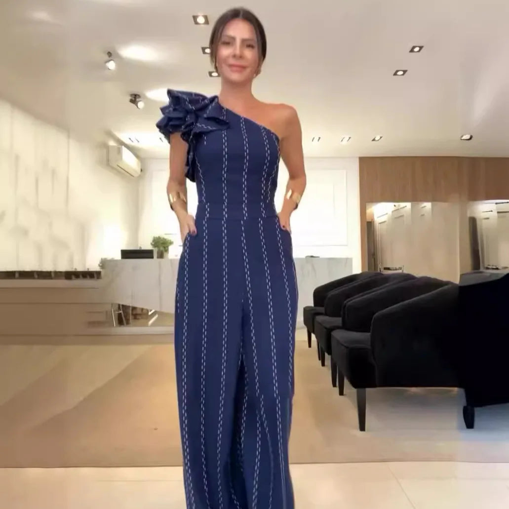 Macacão feminino listrado, gola torta, sem mangas, bolsos, peça única, calças largas, macacão para escritório