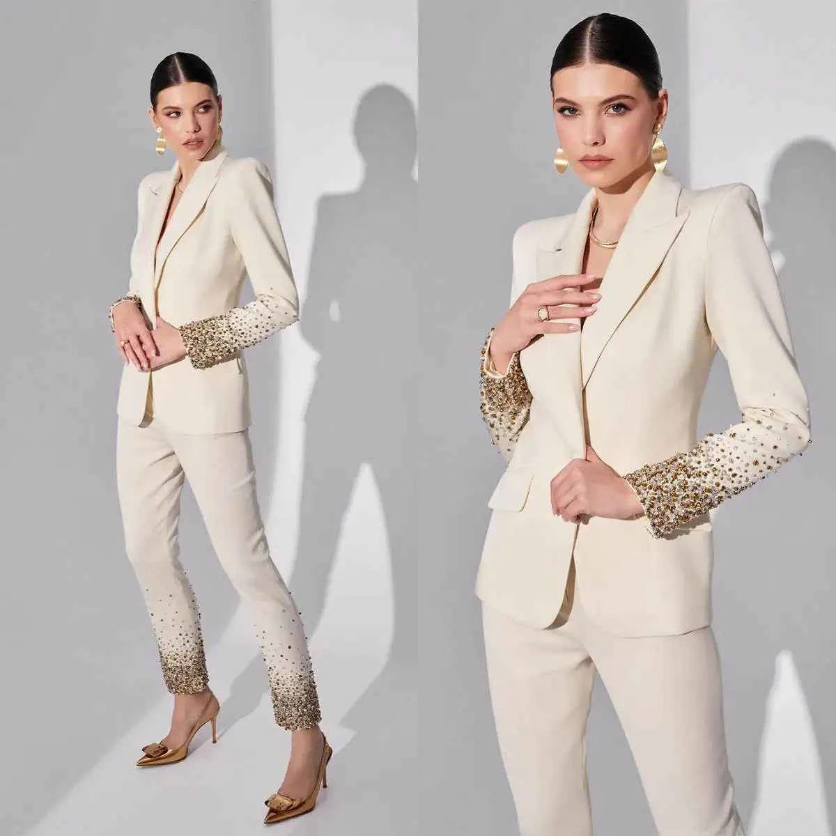 Women Colorful Beads Pants Suit Sets Beige Formal Office Lady Slim Prom Birthday Jacket Coat Custom Size 2 Pieces